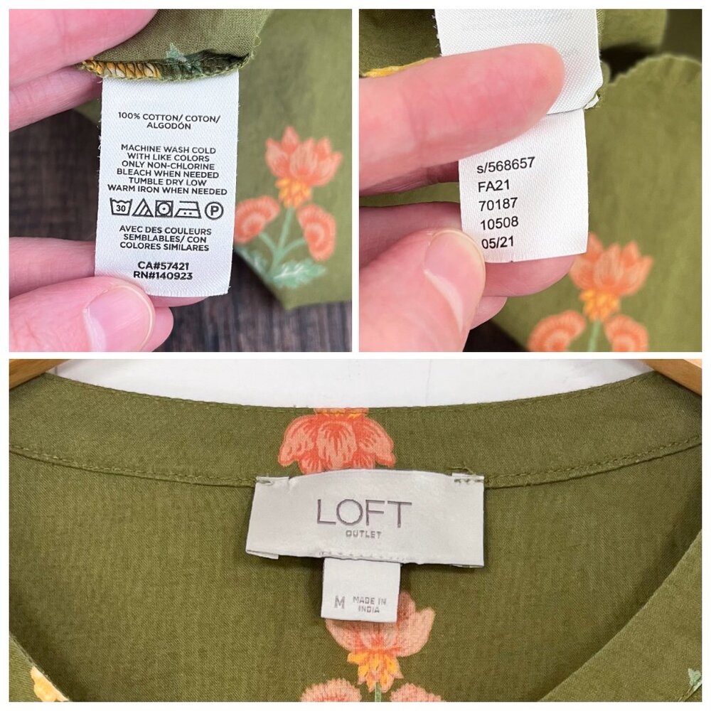 Loft Outlet Floral Button Down Blouse Balloon Sleeve Fall Boho Size Medium Green - Picture 14 of 15